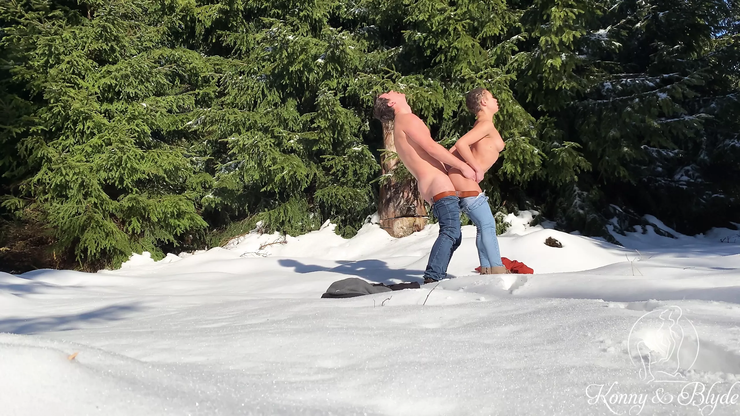 Konny and Blyde having sex in a snowy winter forest in public