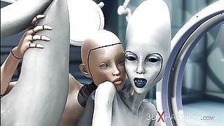 Female sex android plays with an alien in the sci-fi lab