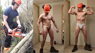 Muscular Lumberjack Cuts Trees then strips, oils up and cums