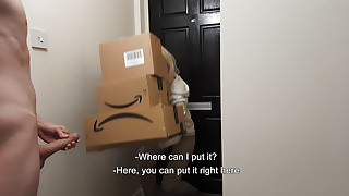 Amazon delivery girl couldn’t resist naked jerking off guy.