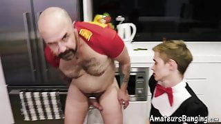 Twink maid with glasses fucked by bald daddy in kitchen