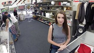 Brunette sexy petite babe goes to the pawnshop for some sex