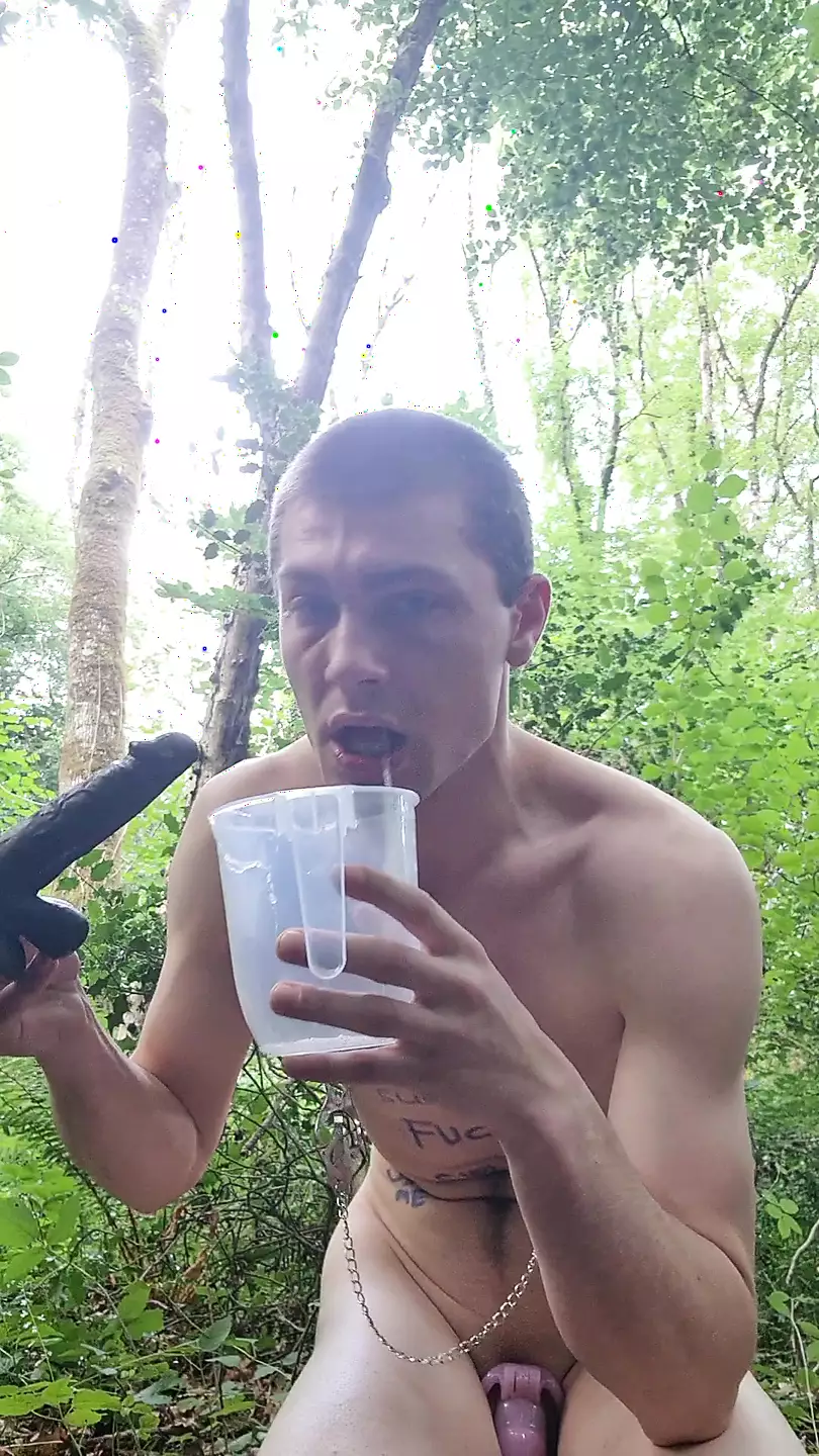 Fag sloppy gagging in public woods covered in own mess sissyfaggotbilly photo picture