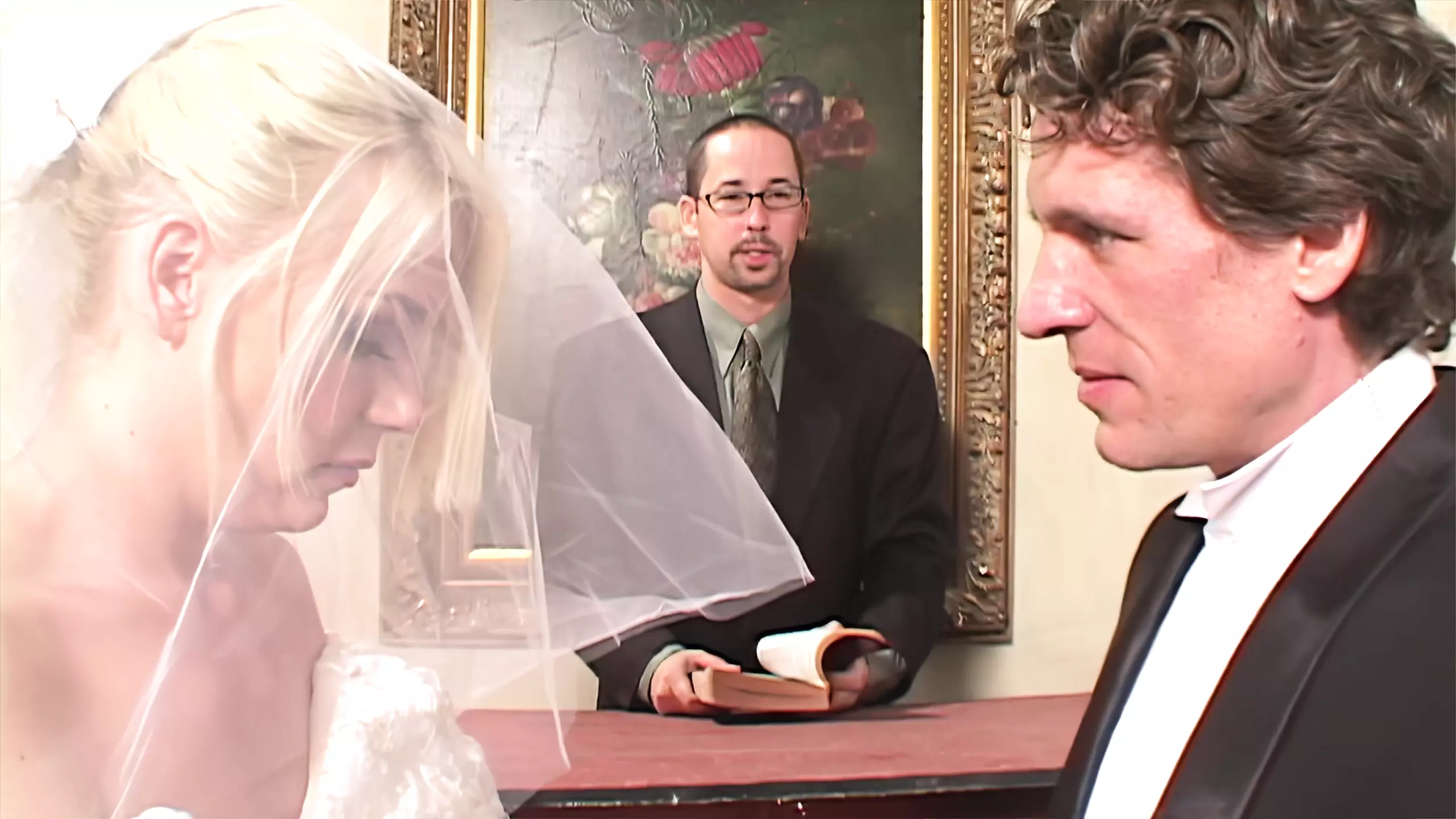 Pervert Husband Lets Newly Married Wife In Wedding Night Get Fucked By Two Latex Strangers image pic