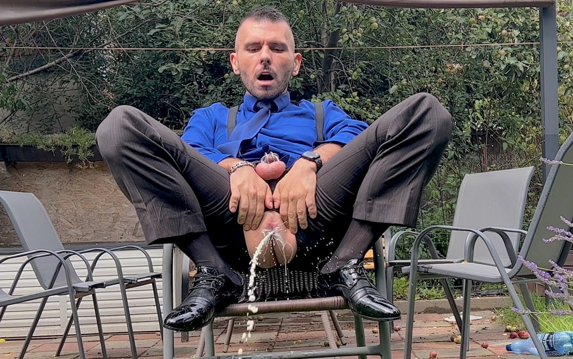 Porn Men Pissing Outside - Suited Man with Locked Dick is Playing with His Man Cunt and Pissing in  Public in Sheer Socks | xHamster