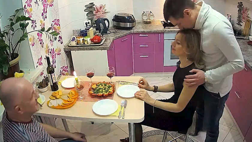 wife cuckolds hubby at dinner table