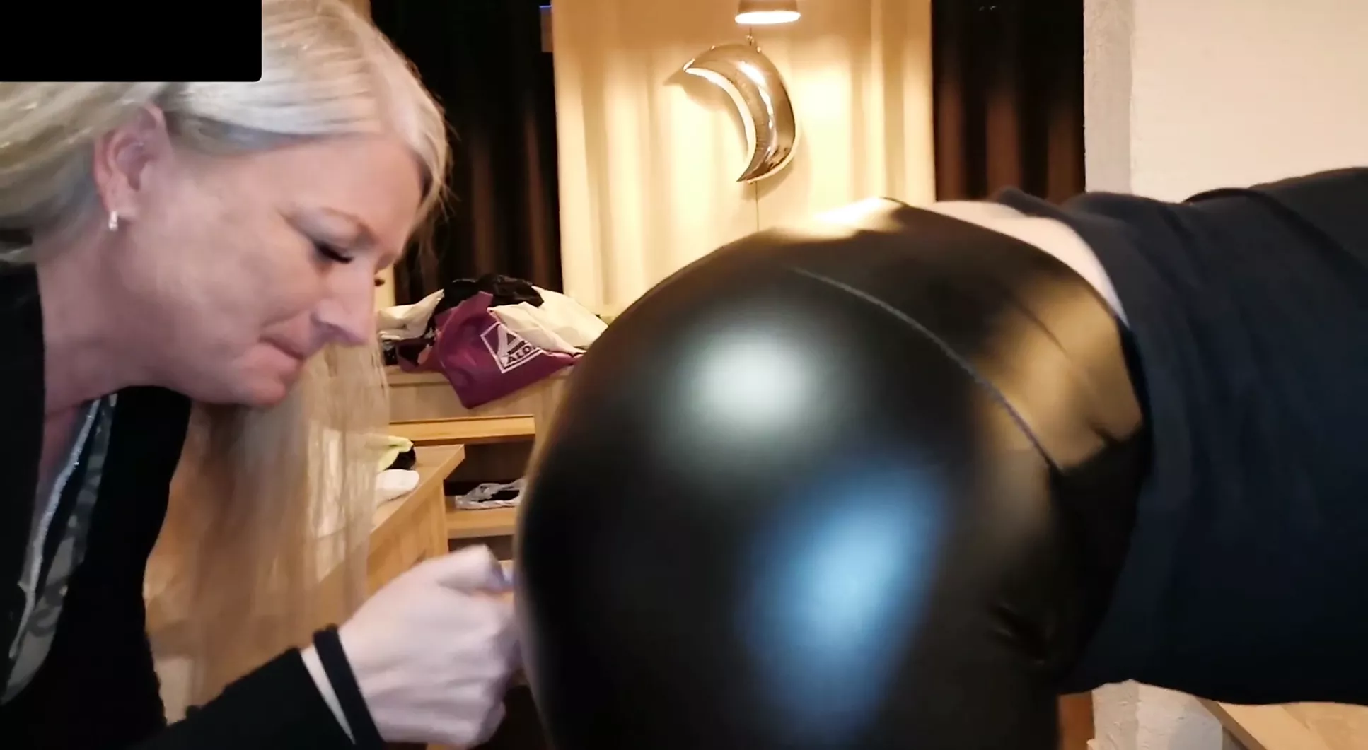 Slut in leather leggings gets cum on ass and milf licks clean image pic
