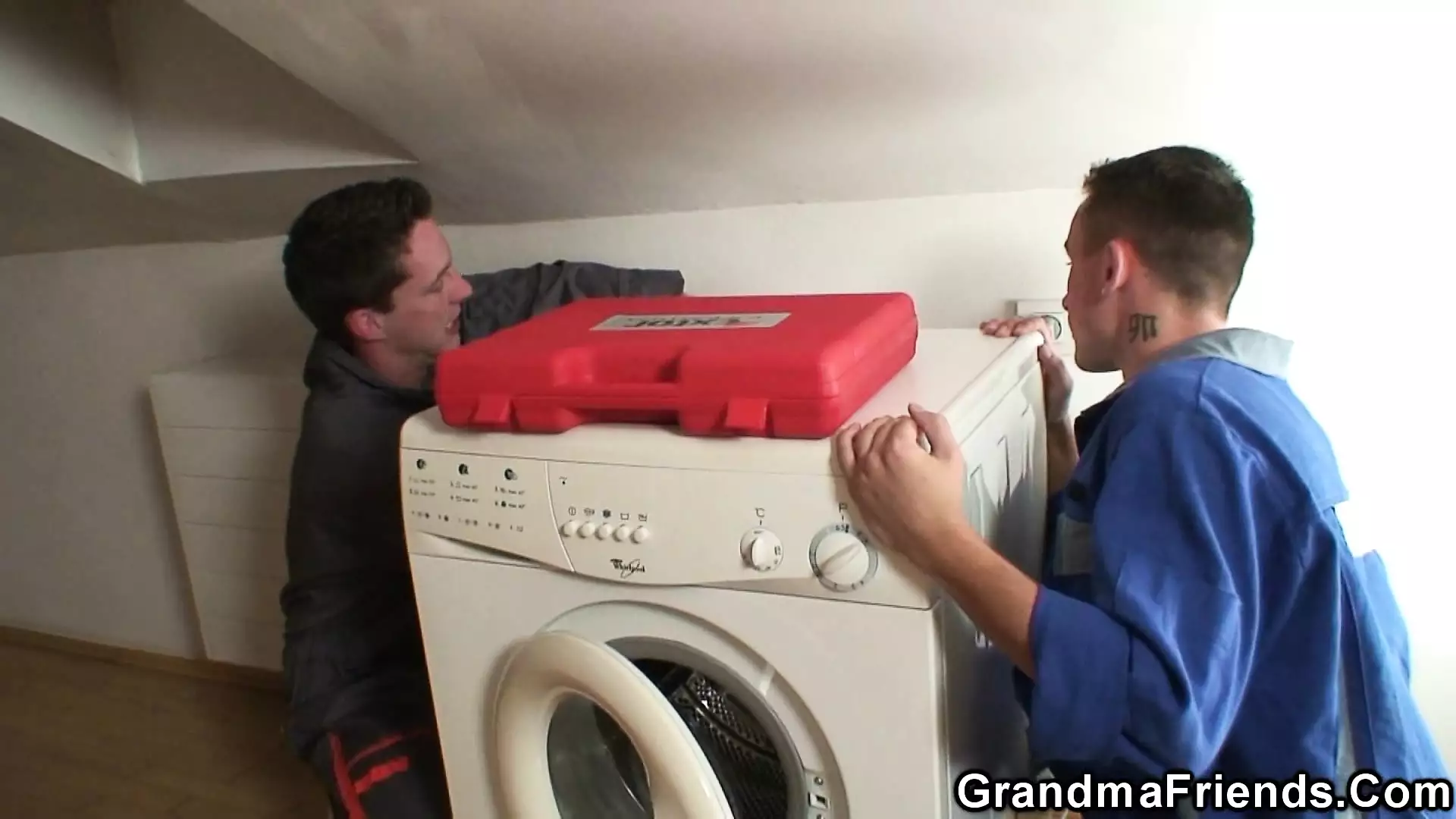 Busty old lady gets threesome with two repairmen picture