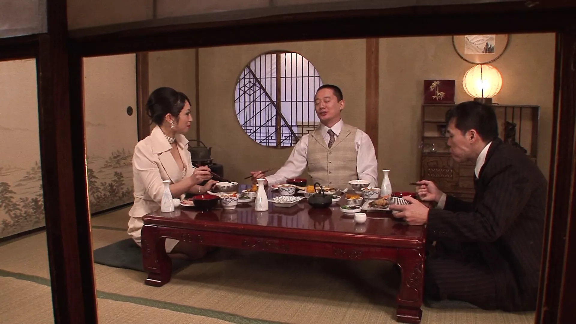 Family dinner escalated! Japanese forget their manners and bang in a threesome! photo