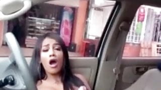Hot latina tranny caught jerking off in car! Public cumshot.