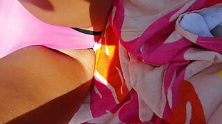 Gf opens legs – bikini slip, pussy hairs and cameltoe at pool