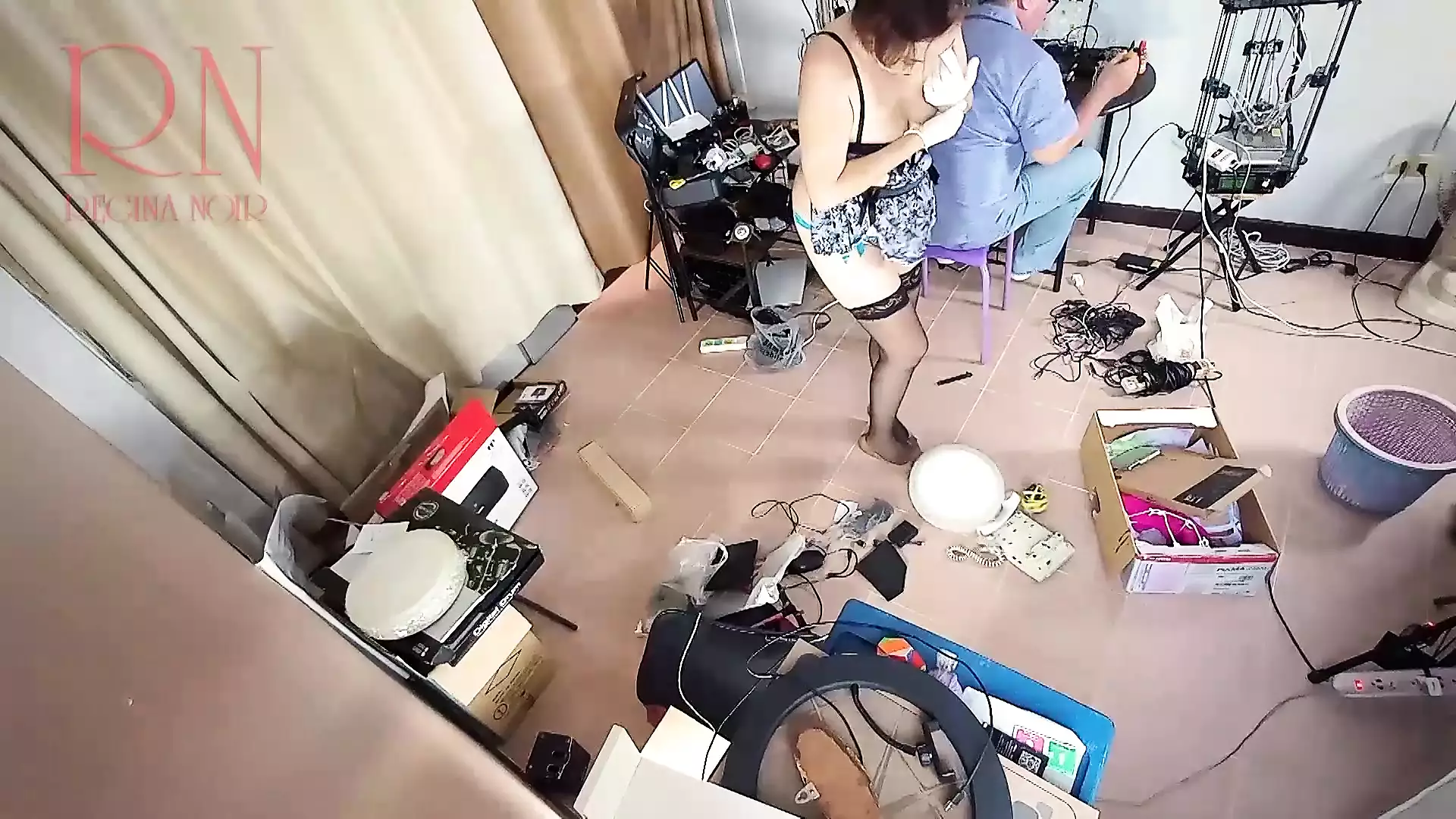 A naked maid is cleaning up in an stupid IT engineers office