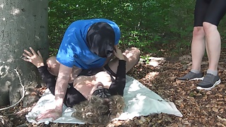 Jessica gets multiple creampies from 3 guys in the woods