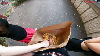 Public double handjob in the fries bag... I'm jerking it!