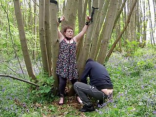 Wood furring strip - Mature tiny tit slut tied stripped humiliated in the woods