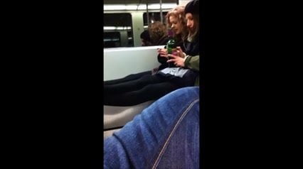 Free wanking over blonde on train photo