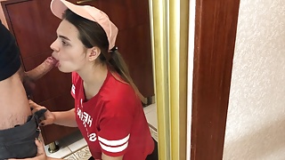 Delivery girl gives sloppy blowjob and fucks with his client