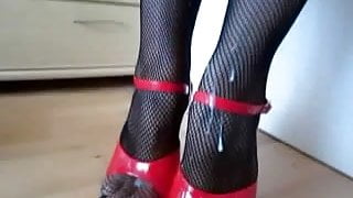 fishnet red plateau high heels and so much cum