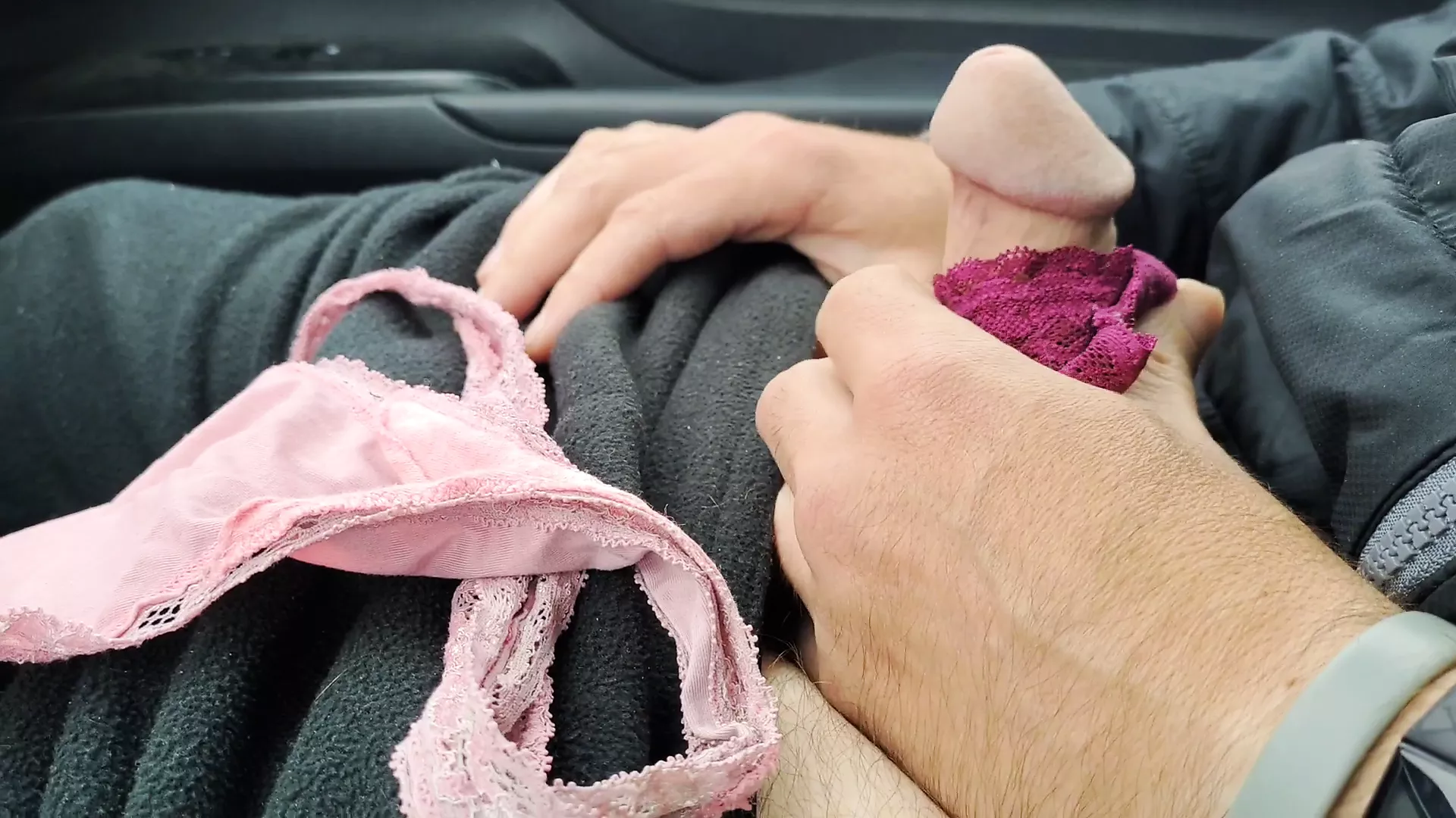 Guy uses my wifes panties to jack off and cum in car in