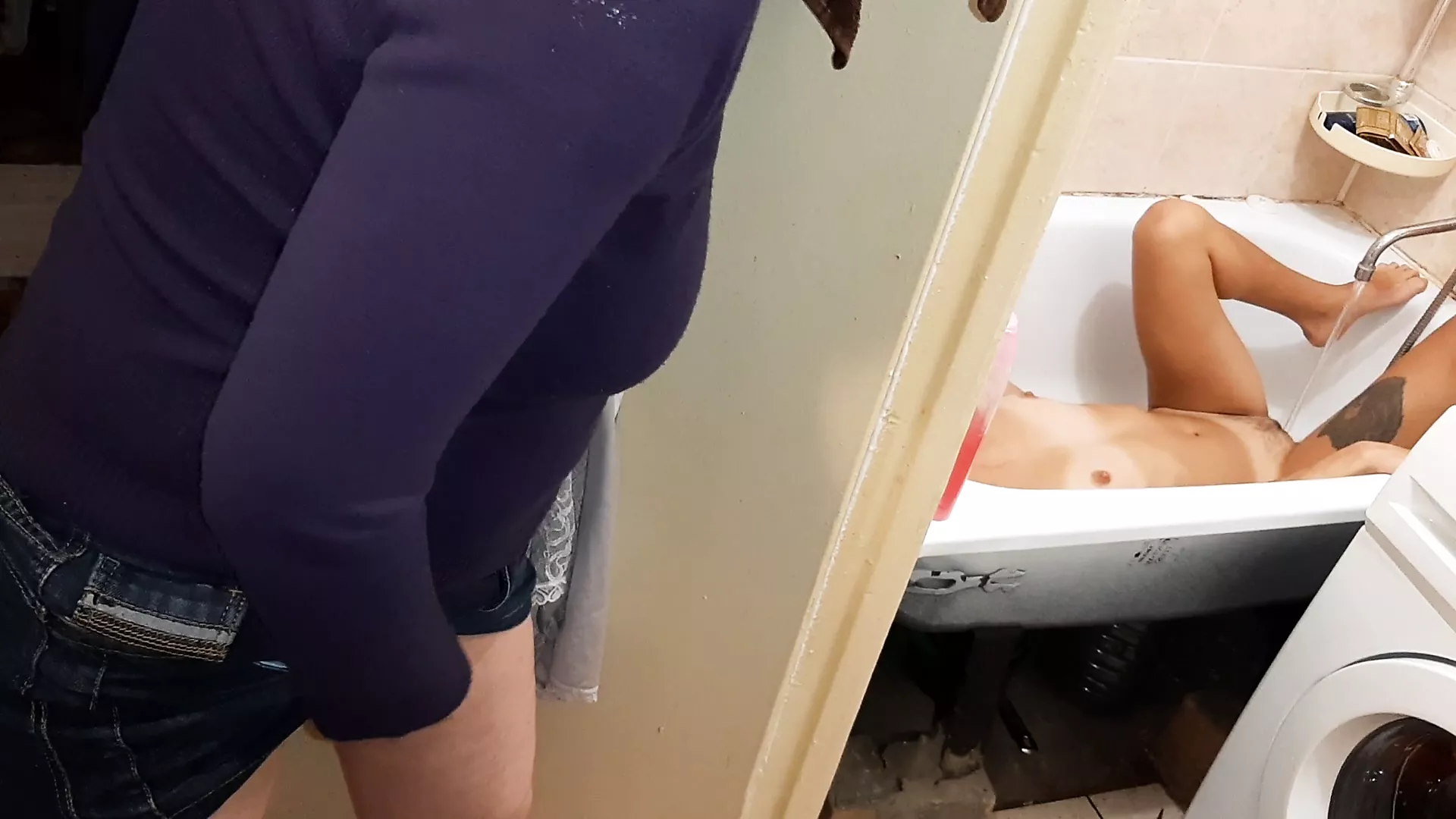 Stepmom checks my girl in the bathroom and masturbated