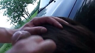 Sexy brunette fucked in threesome on the hood of the car