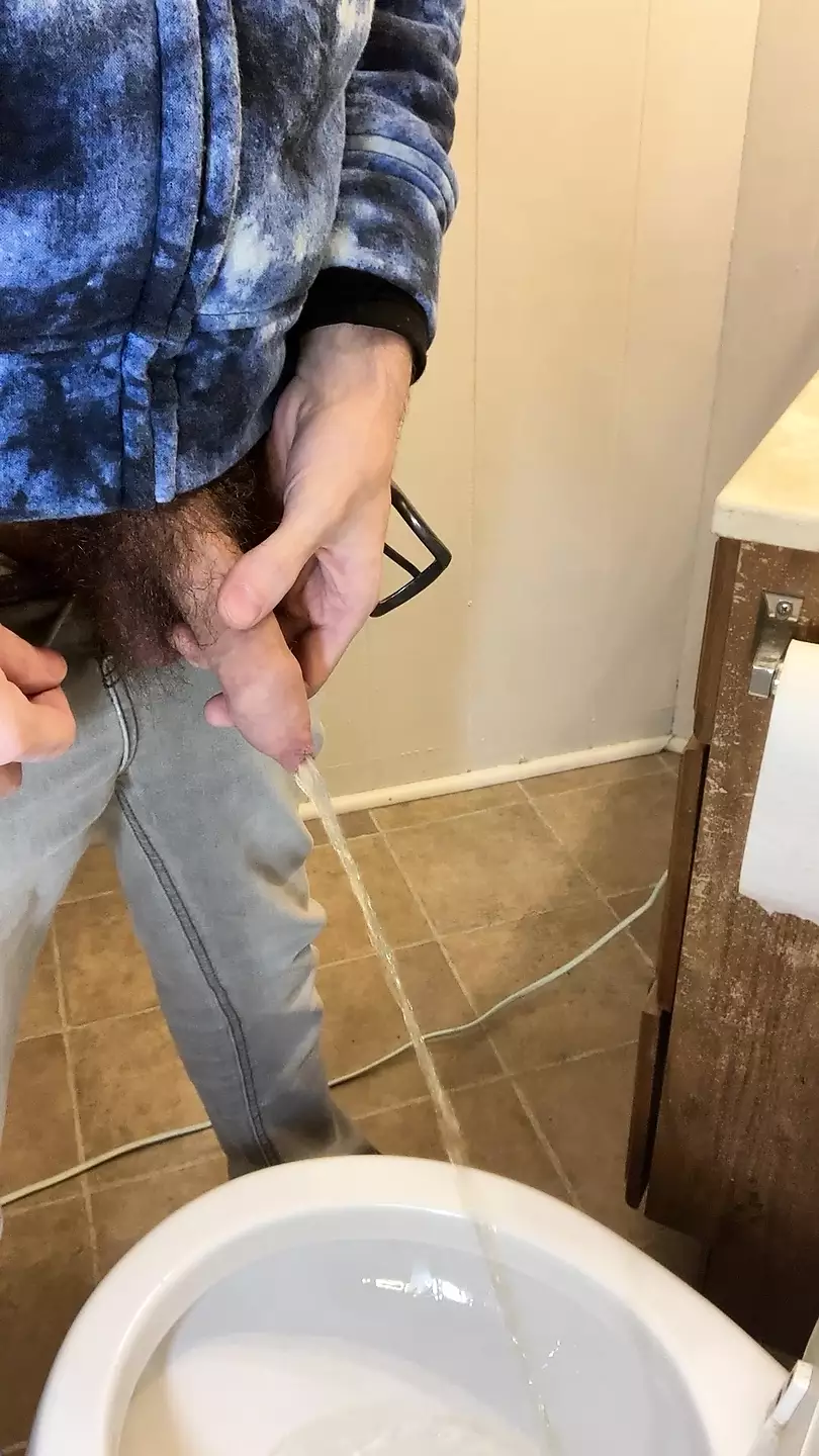 Side view of my very hairy big uncut dick pissing in the toilet photo