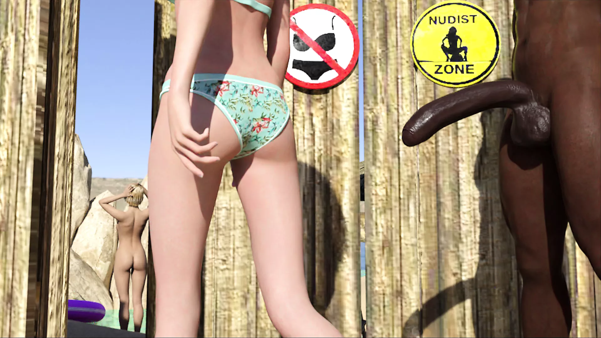 A Girl Enters No Bikini Nudist Zone with a Bikini and