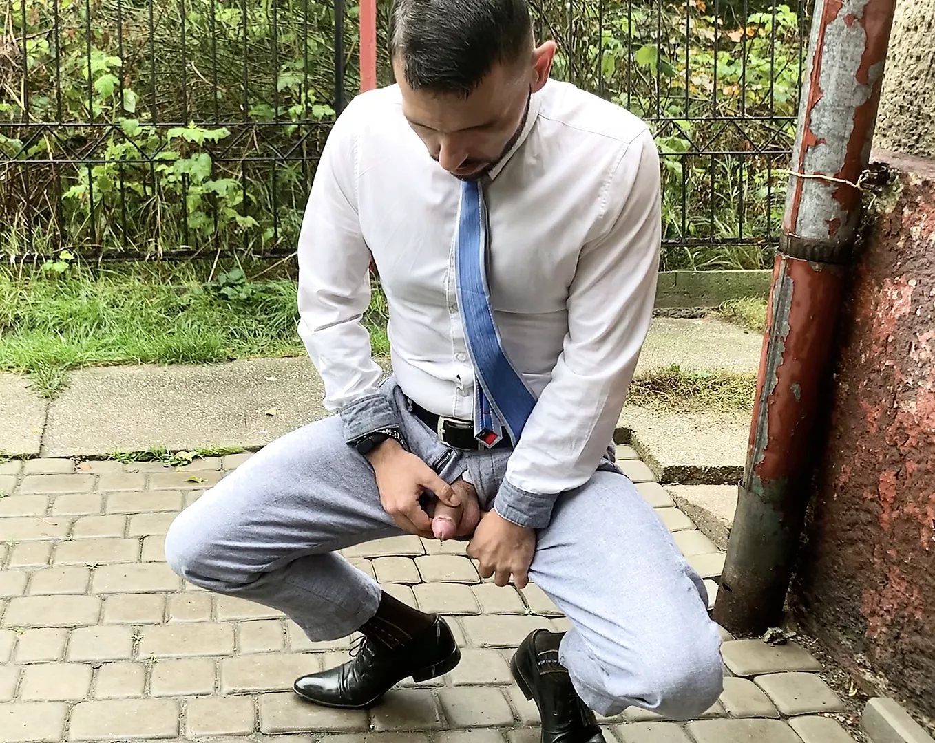 outdoor pissing in suit and