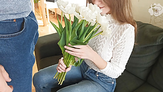 Gave her flowers and stopped being virgin anymore, creampied teen after sex with blowjob
